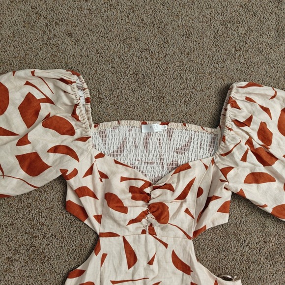 ASTR THE LABEL Cut Out Linen Blend Mini Dress Abstract Print Puff Sleeve L - Picture 11 of 12